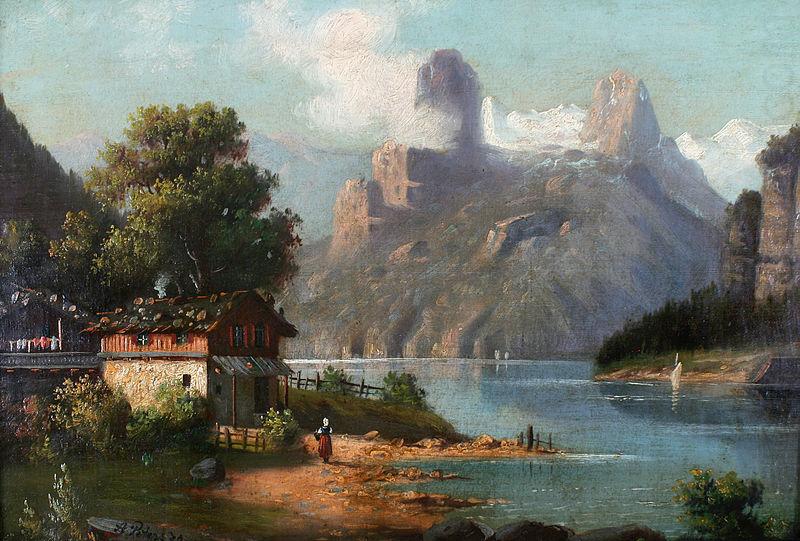 Cottage with lake and mountains, August Peters